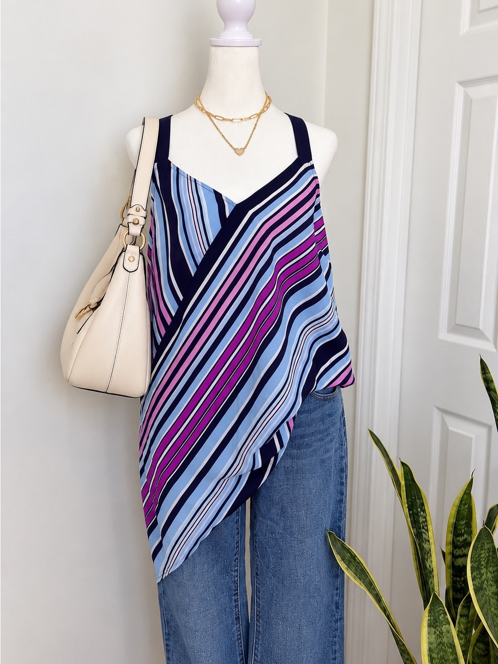 NWT Striped Asymmetrical Draped Tank Top Blue Pink Boho Small Vince Camuto